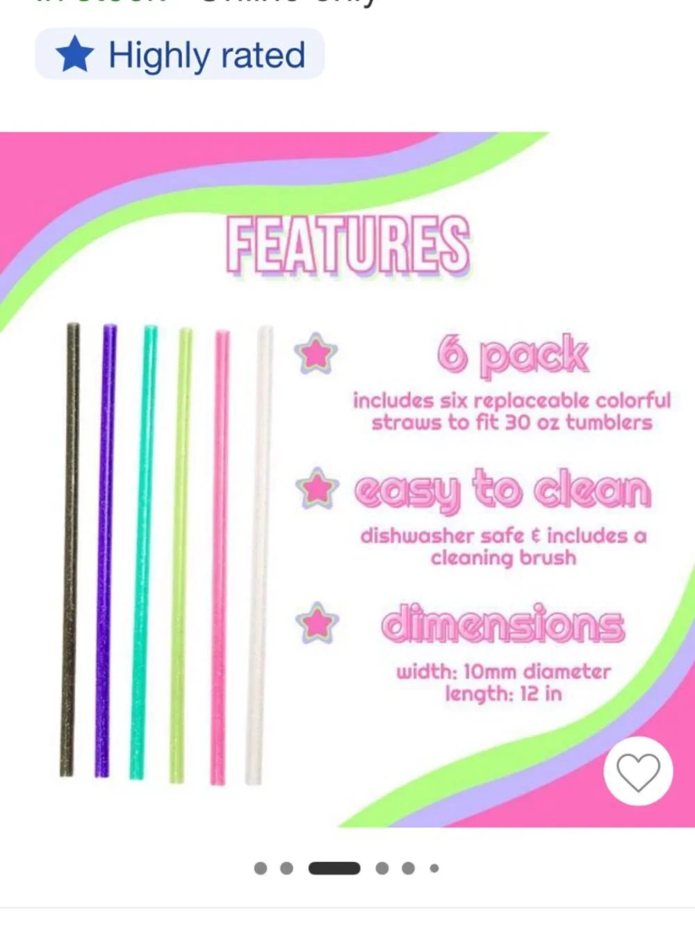 CharCharms 6pk 30oz Solid Water Bottle Straws: Reusable Polypropylene-NWT